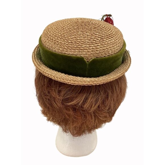 Vintage 60s Alfreda Inc Straw Boater Hat With Green Velvet Band & Red Strawberry - Picture 6 of 11